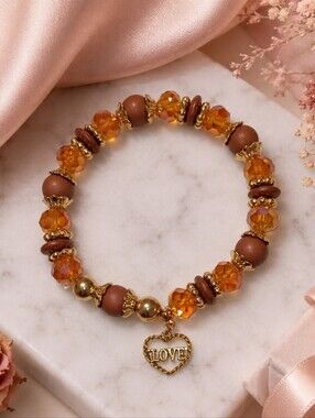 Handmade Amber Wood Gold-tone Crystal LOVE Heart Charm Beaded Heart Bracelet